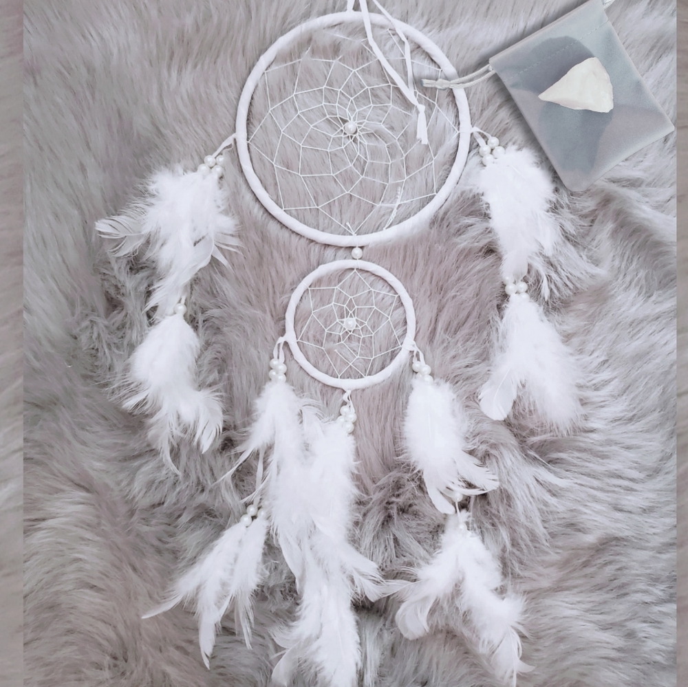 White Feather Dream Catcher with Raw White Quartz Healing Crystal